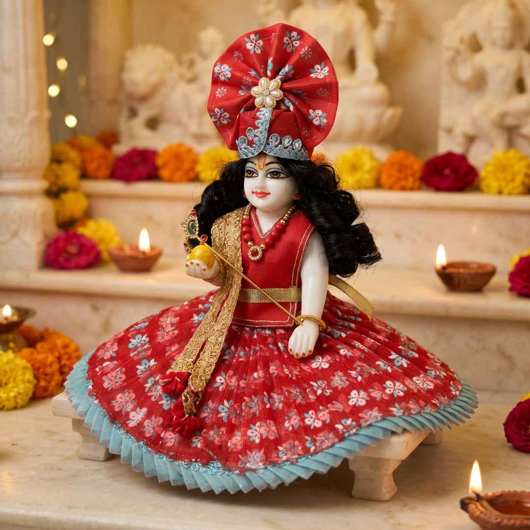 Red floral print 4-piece designer Laddu Gopal dress with separate top, circular ghera skirt, matching pagdi and patka
