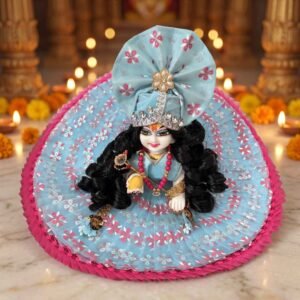 Sky Blue floral print 4-piece designer Laddu Gopal dress with separate top, circular ghera skirt, matching pagdi and patka