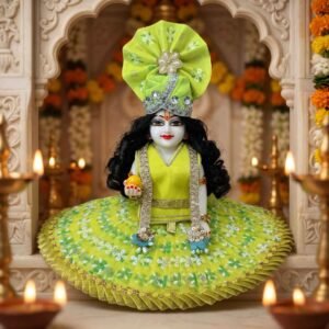 Lemon floral print 4-piece designer Laddu Gopal dress with separate top, circular ghera skirt, matching pagdi and patka