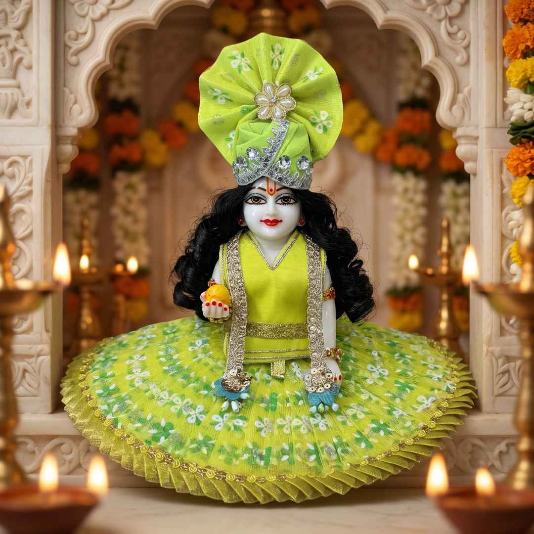 Lemon floral print 4-piece designer Laddu Gopal dress with separate top, circular ghera skirt, matching pagdi and patka