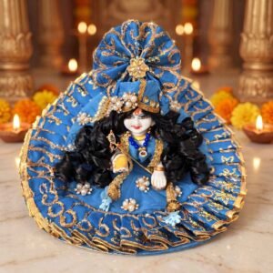 blue Laddu Gopal dress with golden zari embroidery, sequin border, pearl flower clusters, matching pagdi and designer patka