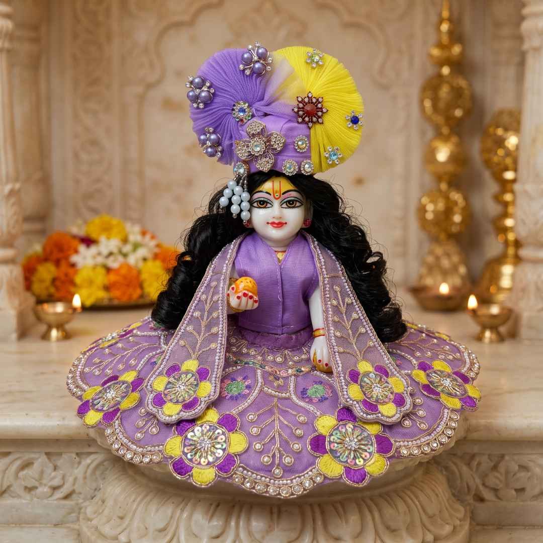 Purple 4-piece designer Laddu Gopal dress with heavy floral embroidery, pearl border, separate top, ghera, patka and pagdi