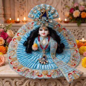 Light blue heavy stone work Laddu Gopal dress with gold zari peacock border, matching pagdi and patka