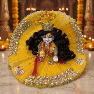 Yellow heavy kundan work Laddu Gopal dress with diamond-leaf border, pearl motifs, matching pagdi and moti patka