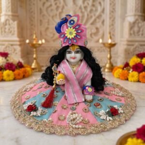 Pink and blue heavy mirror work Laddu Gopal dress with gold floral lace border, pearl bunches, peacock pagdi and mala patka