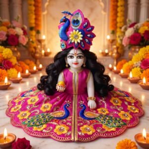 Magenta Radhe Laddu Gopal dress with peacock embroidery, gold zari flower work and matching peacock pagdi