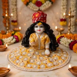 Peach Laddu Gopal dress with heavy pearl moti flower clusters, silver bead border and complimentary pagdi