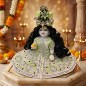 Sea green Laddu Gopal dress with heavy pearl moti flower clusters, silver bead border and complimentary pagdi