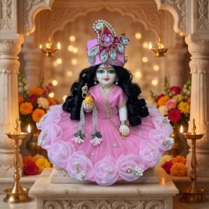 Baby pink Laddu Gopal dress with 3D organza rose flowers, pearl clusters, stone pagdi and designer pearl-tassel patka