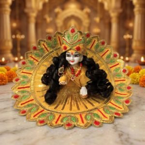 Yellow Laddu Gopal dress with scalloped petal border, green and red leaf embroidery, gold sequin work and matching pagdi