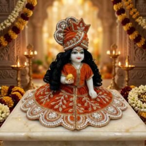 Orange velvet Laddu Gopal dress with gold zari leaf embroidery, heavy pearl scalloped border and matching pearl pagdi