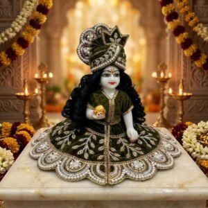 Olive green velvet Laddu Gopal dress with gold zari leaf embroidery, heavy pearl scalloped border and matching pearl pagdi