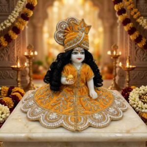 Yellow velvet Laddu Gopal dress with gold zari leaf embroidery, heavy pearl scalloped border and matching pearl pagdi