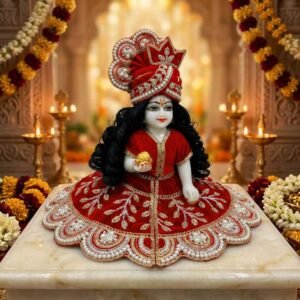 Red velvet Laddu Gopal dress with gold zari leaf embroidery, heavy pearl scalloped border and matching pearl pagdi