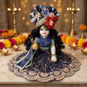 Royal blue Banarasi style heavy work Laddu Gopal dress with gold floral weave, kundan-pearl border and matching crown pagdi