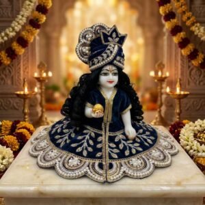 Navy blue velvet Laddu Gopal dress with gold zari leaf embroidery, heavy pearl scalloped border and matching pearl pagdi