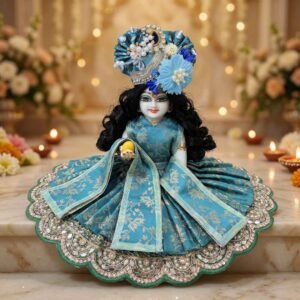 Teal blue Banarasi style heavy work Laddu Gopal dress with gold floral weave, kundan-pearl border and matching crown pagdi