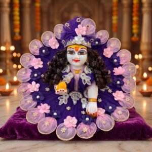 Purple designer net flower Laddu Gopal dress with pink petal work, pearl centres and matching crown pagdi
