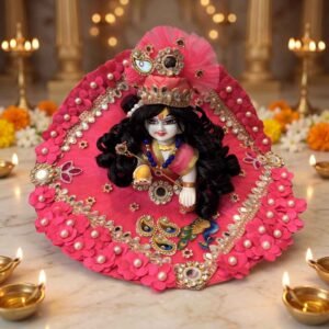 Pink peacock flower work Laddu Gopal dress with pearl border, mirror kundan work and matching crown pagdi