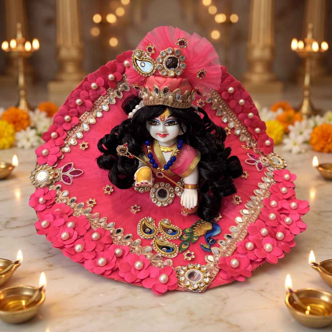 Pink peacock flower work Laddu Gopal dress with pearl border, mirror kundan work and matching crown pagdi