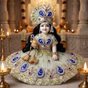 Pista green heavy stone work Laddu Gopal dress with blue kundan teardrops, pearl border, matching pagdi and patka