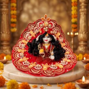 Red heavy pearl work Laddu Gopal dress with orange floral clusters, sequin border, matching pagdi and designer patka