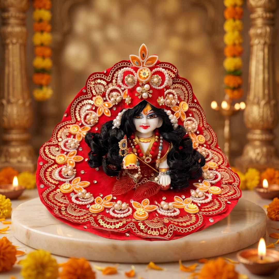 Red heavy pearl work Laddu Gopal dress with orange floral clusters, sequin border, matching pagdi and designer patka