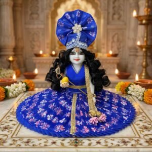 Blue floral print 4-piece designer Laddu Gopal dress with separate top, circular ghera skirt, matching pagdi and patka