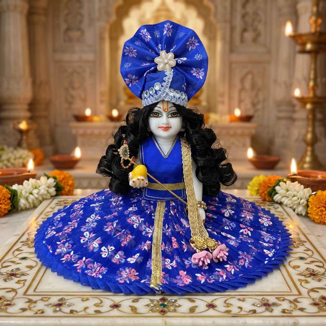 Blue floral print 4-piece designer Laddu Gopal dress with separate top, circular ghera skirt, matching pagdi and patka