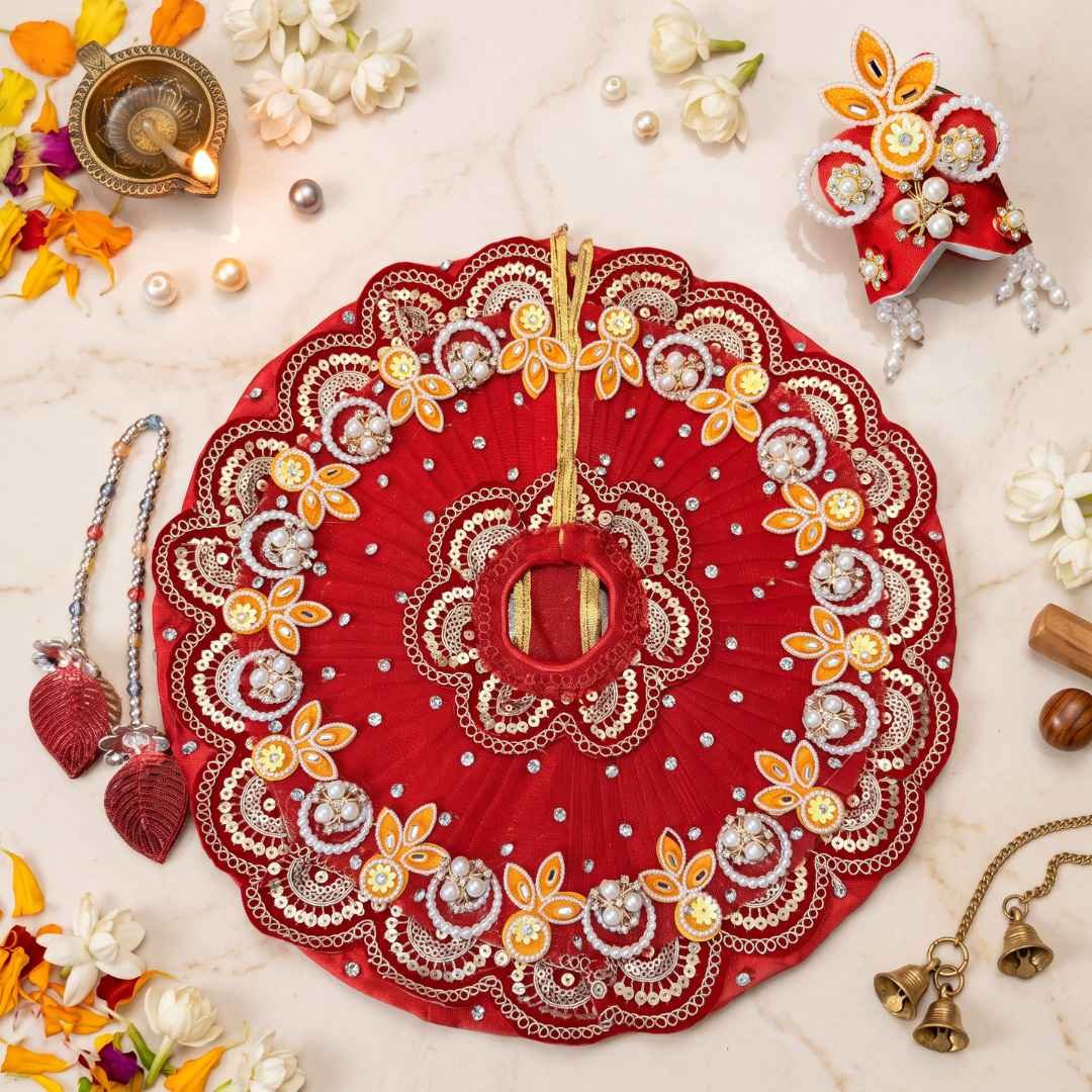Red Laddu Gopal Dress | Heavy Pearl Work Poshak Set
