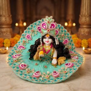 Sea green heavy kundan work Laddu Gopal dress with pink stones, pearl border, matching pagdi and patka